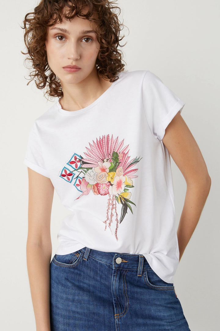 Marella Reno 2413971016200 002 Optical White Motif T-Shirt - Olivia Grace Fashion