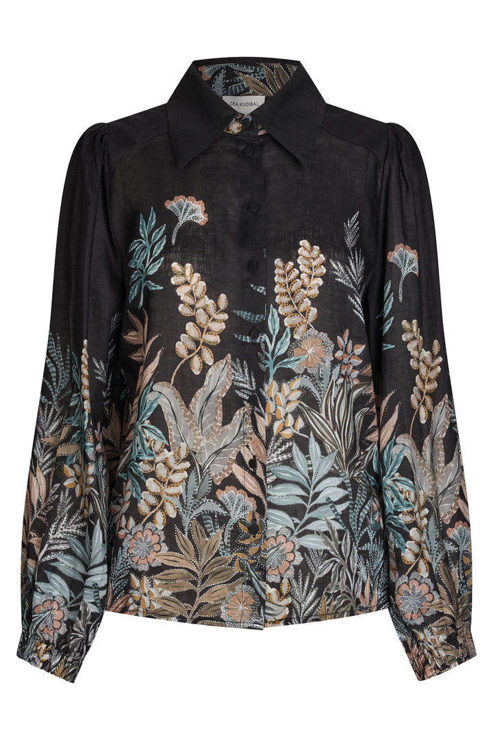 Black blouse with floral embroidery on a white background