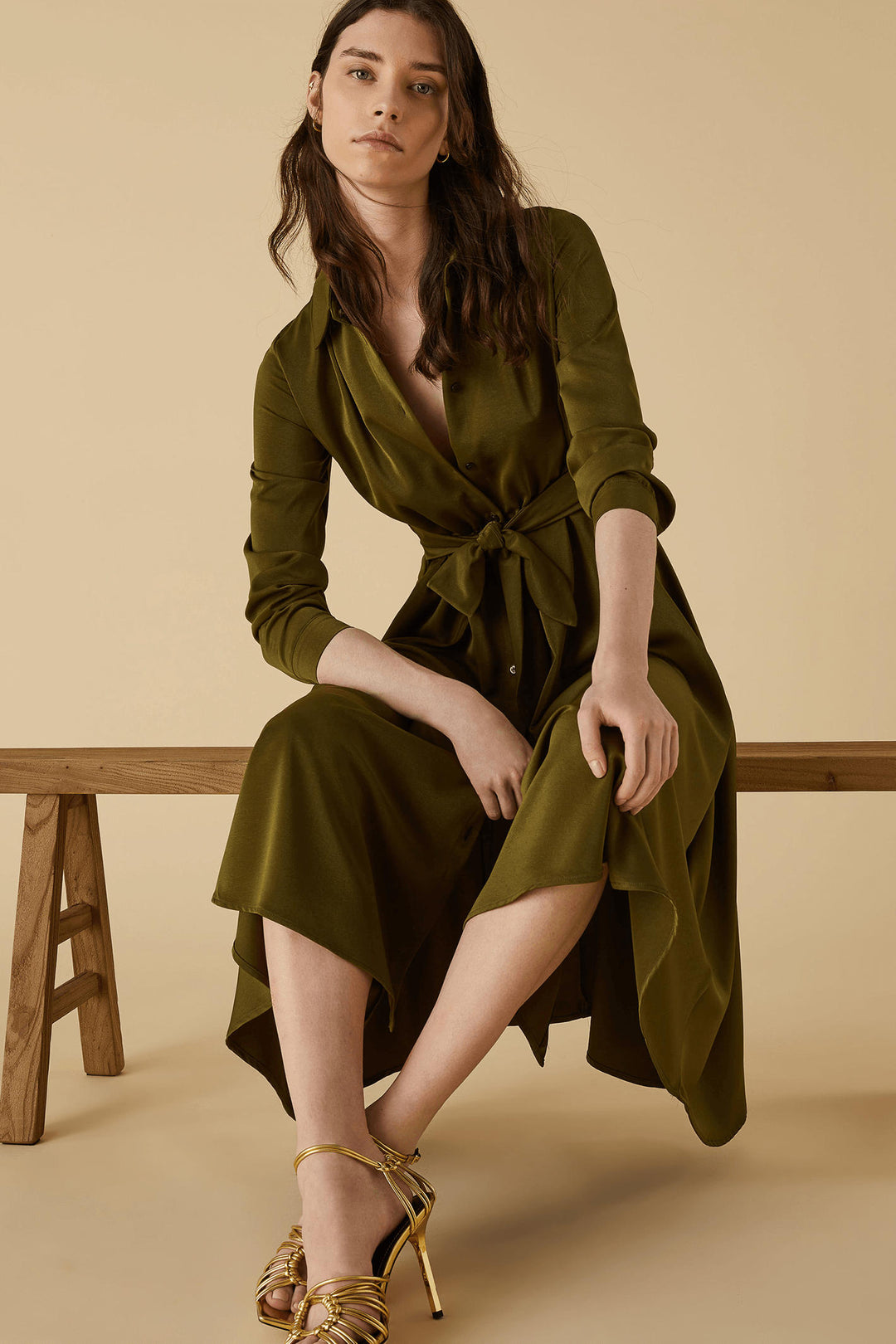 Emme Luciana 2352260438200 Khaki Green Shirt Dress - Olivia Grace Fashion