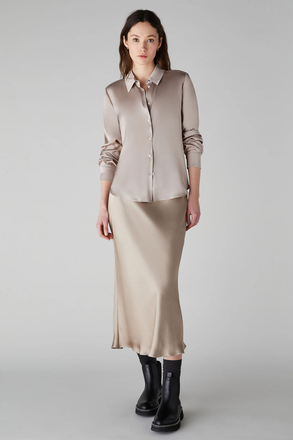Emme Naples 2425116131200 Beige Stretch Satin Shirt - Olivia Grace Fashion