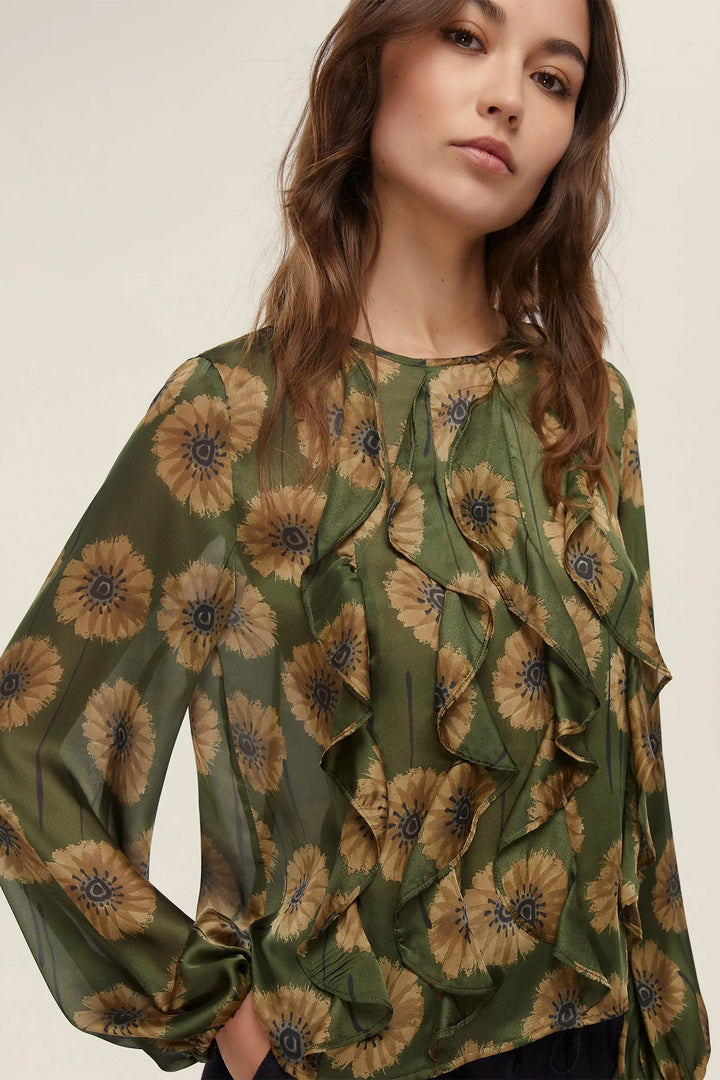 Emme Salute Green Print Ruched Blouse 2525116211200 - Olivia Grace Fashion
