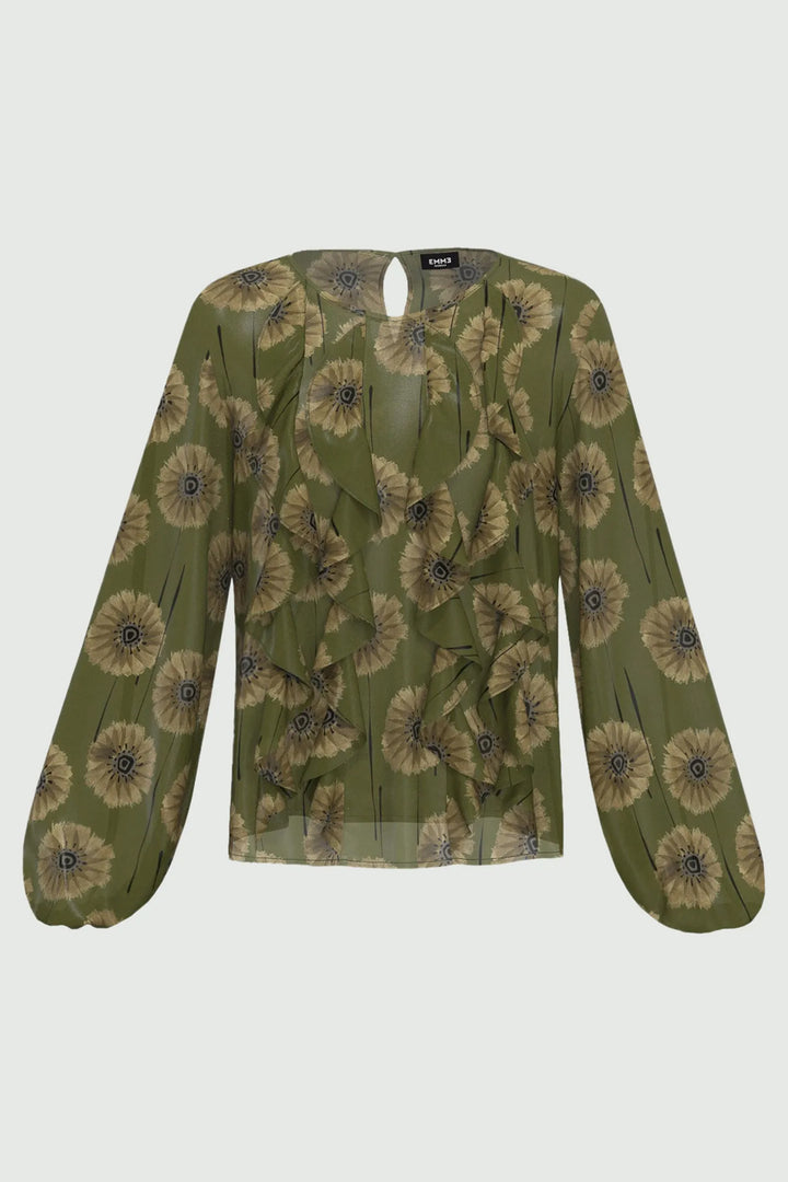 Emme Salute Green Print Ruched Blouse 2525116211200 - Olivia Grace Fashion