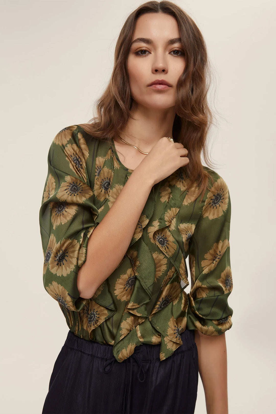 Emme Salute Green Print Ruched Blouse 2525116211200 - Olivia Grace Fashion