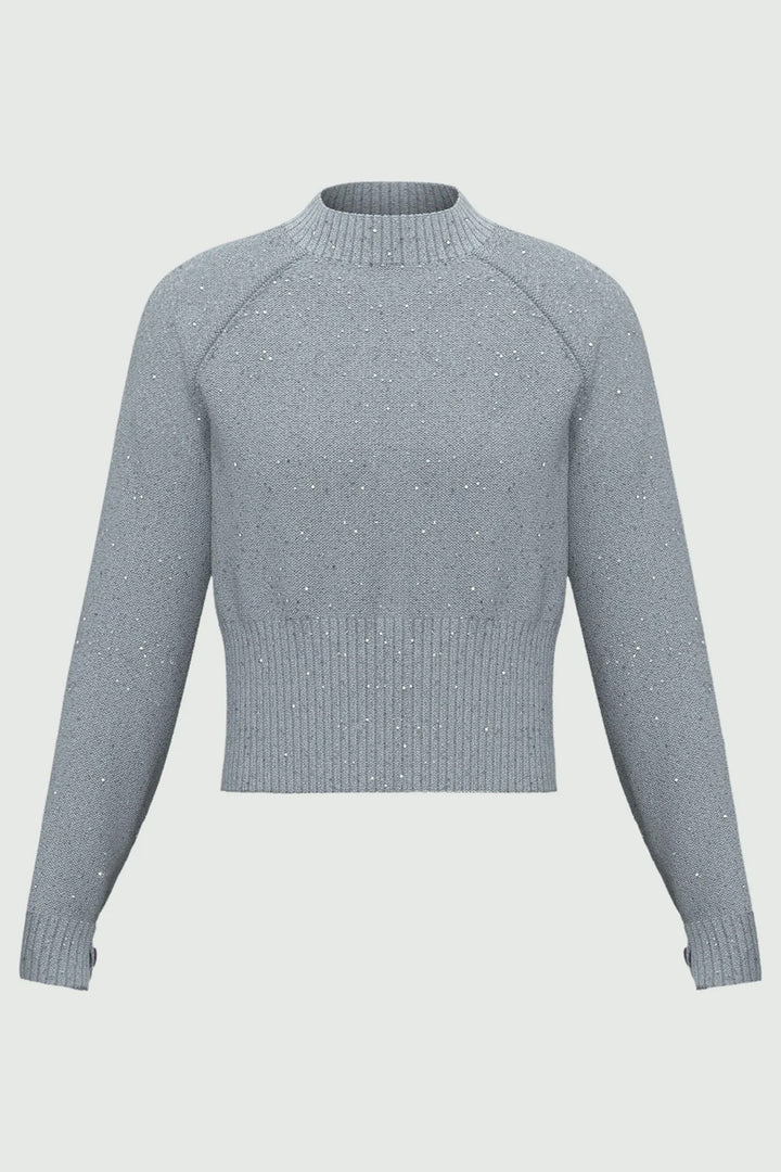 Gray ribbed knit sweater on a light gray background