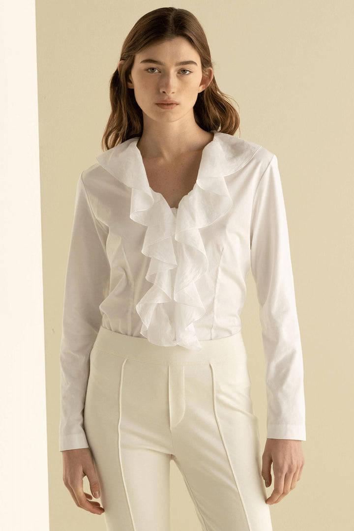 European Culture 68WU-3217-1106 White Ruffle Front Top - Olivia Grace Fashion