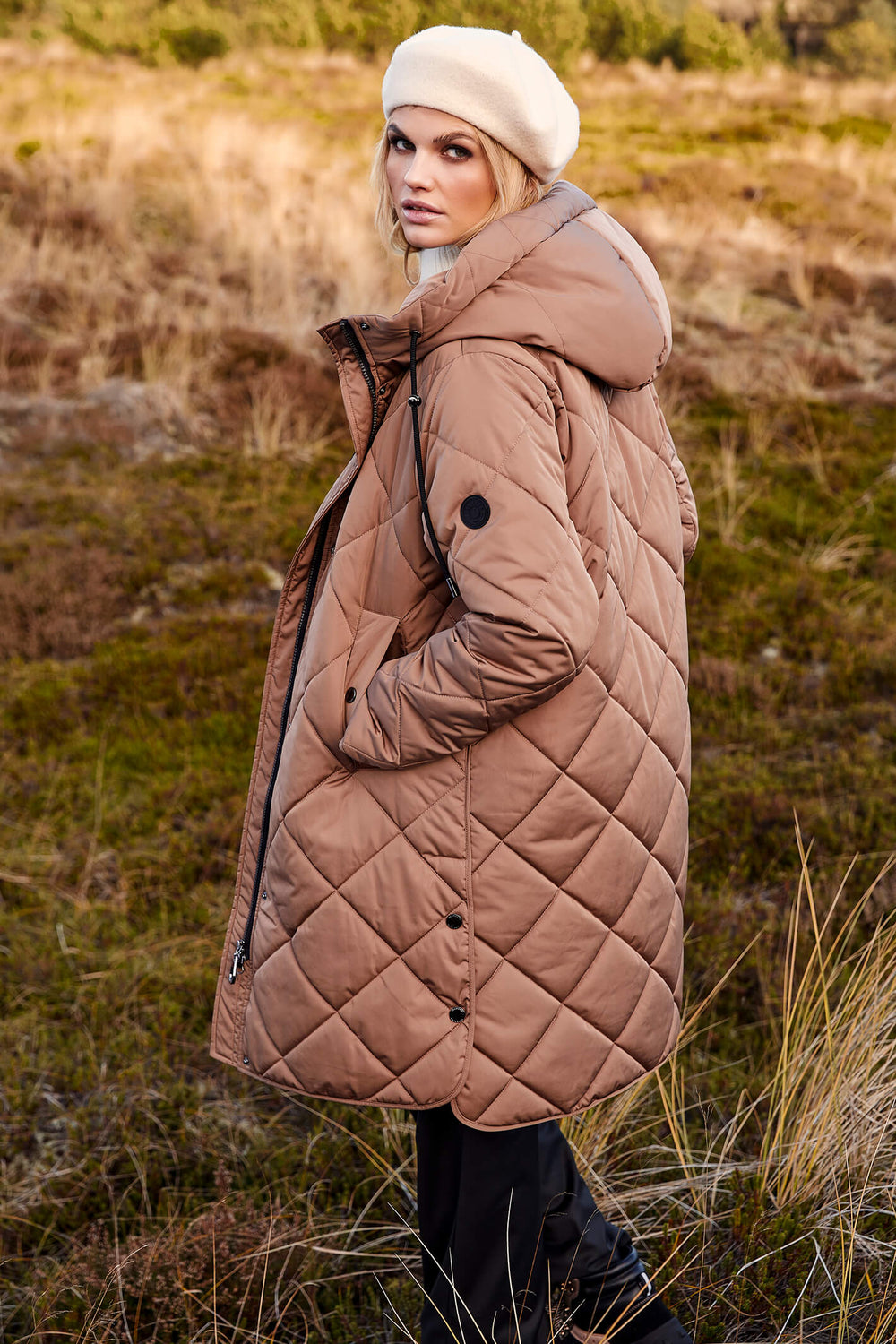 Frandsen 713-357-16 Light Brown Diamond Padded Hooded Coat - Olivia Grace Fashion