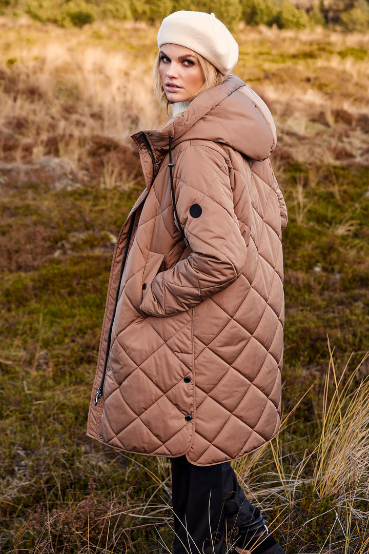 Frandsen 713-357-16 Light Brown Diamond Padded Hooded Coat - Olivia Grace Fashion