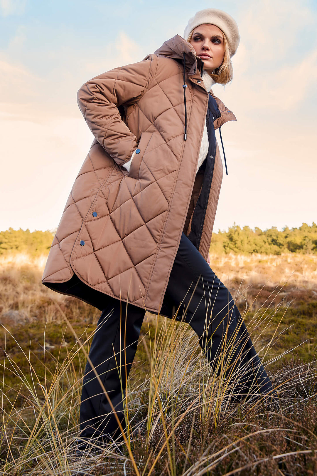 Frandsen 713-357-16 Light Brown Diamond Padded Hooded Coat - Olivia Grace Fashion