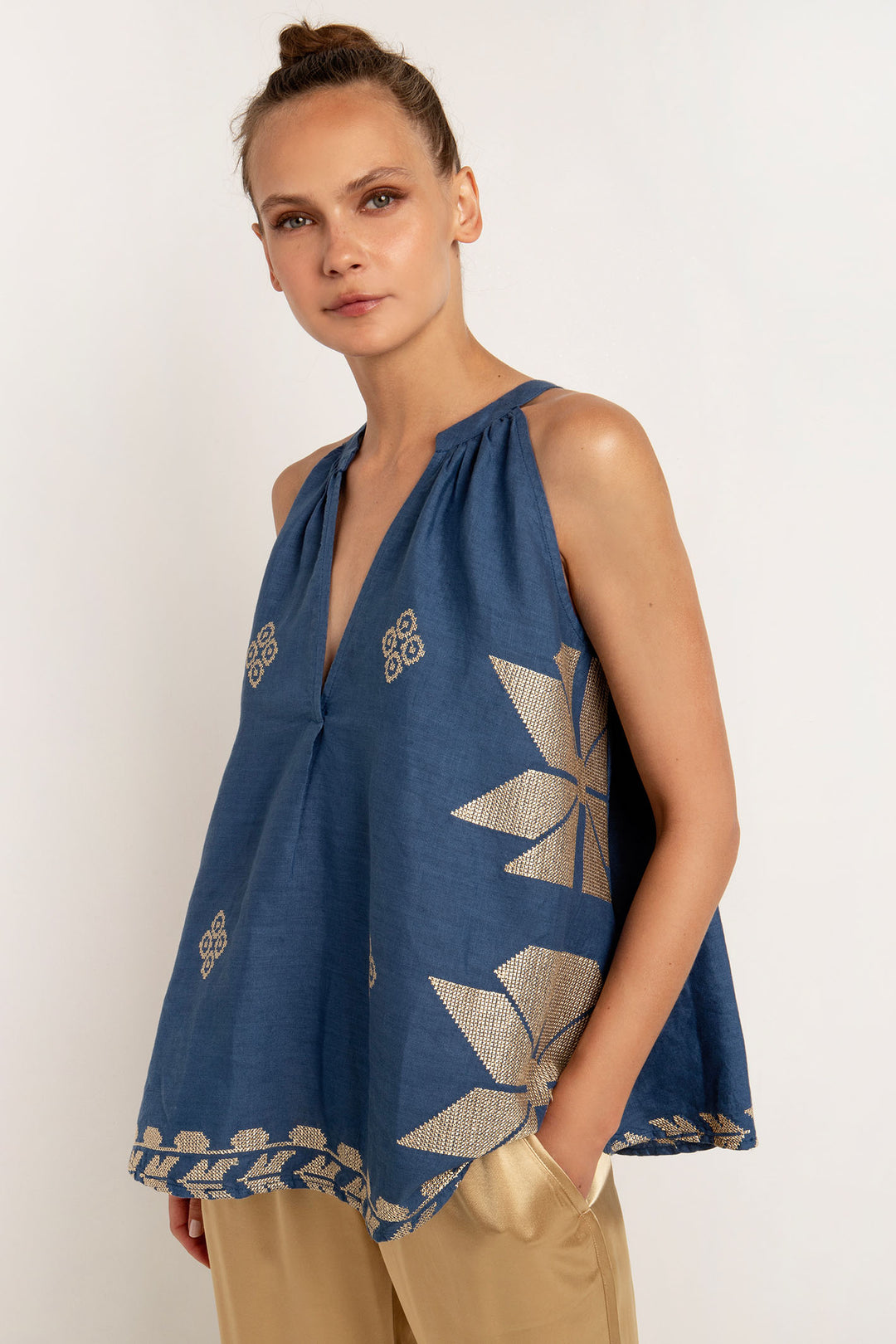 Greek Archaic Kori 240297 Navy Blue Gold Sleeveless Linen Top - Olivia Grace Fashion