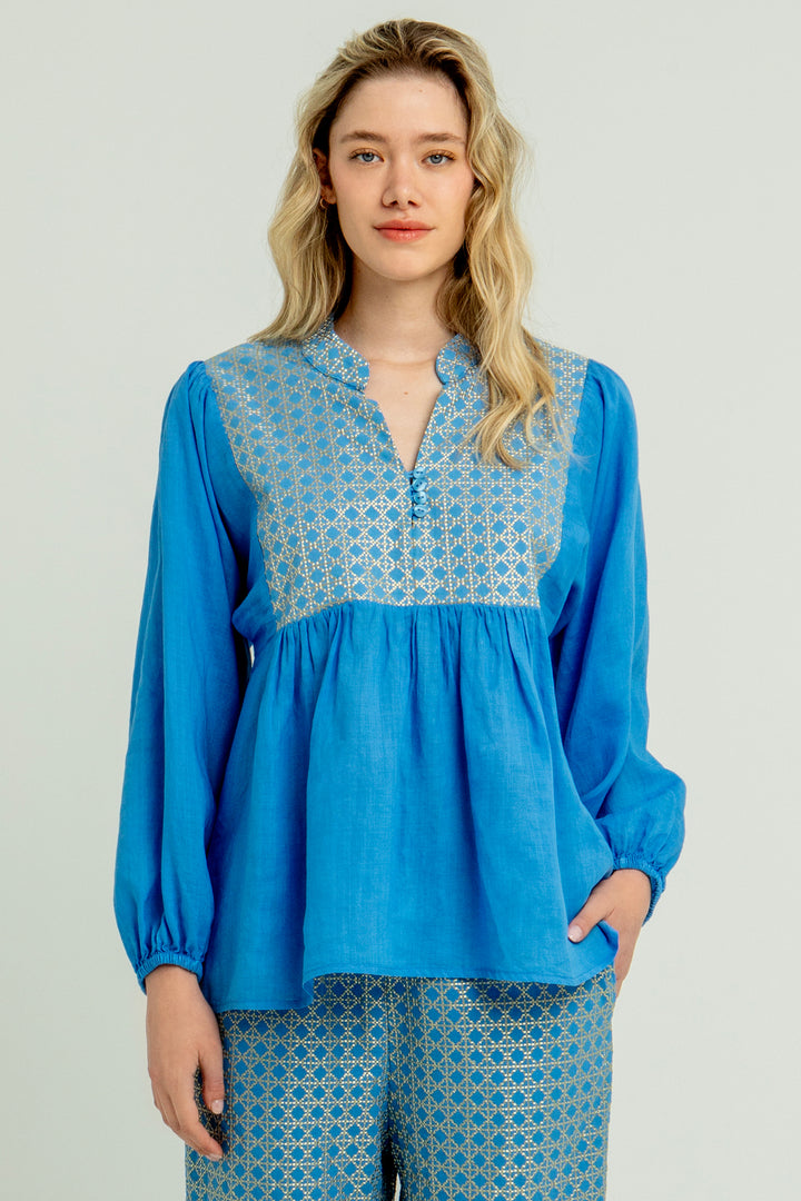 Greek Archaic Kori S25K-440105 Blouse Blue Raf Gold - Olivia Grace Fashion