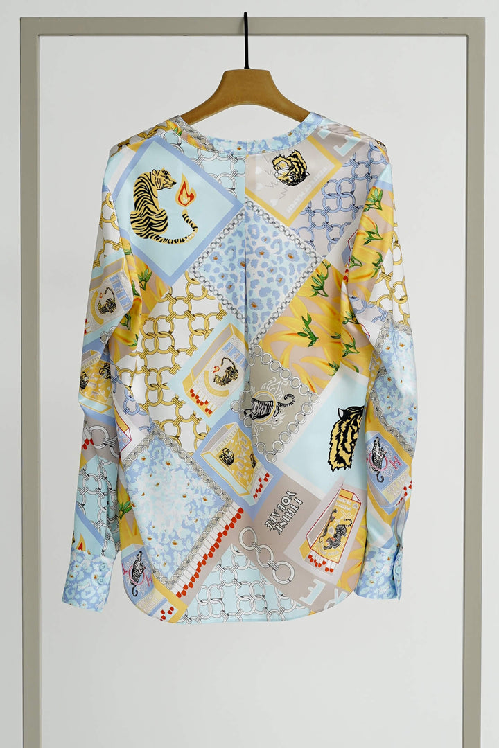 Herzens Angelegenheit 6167 232024 Quiet Blue Multi Print Silk Blouse - Olivia Grace Fashion