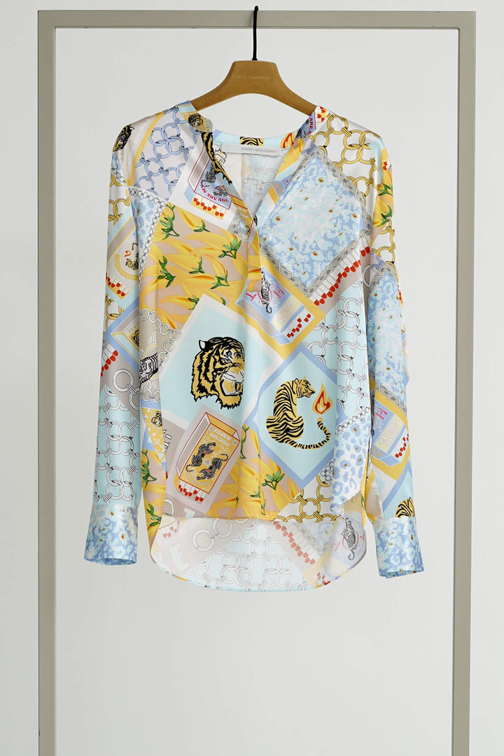 Herzens Angelegenheit 6167 232024 Quiet Blue Multi Print Silk Blouse - Olivia Grace Fashion