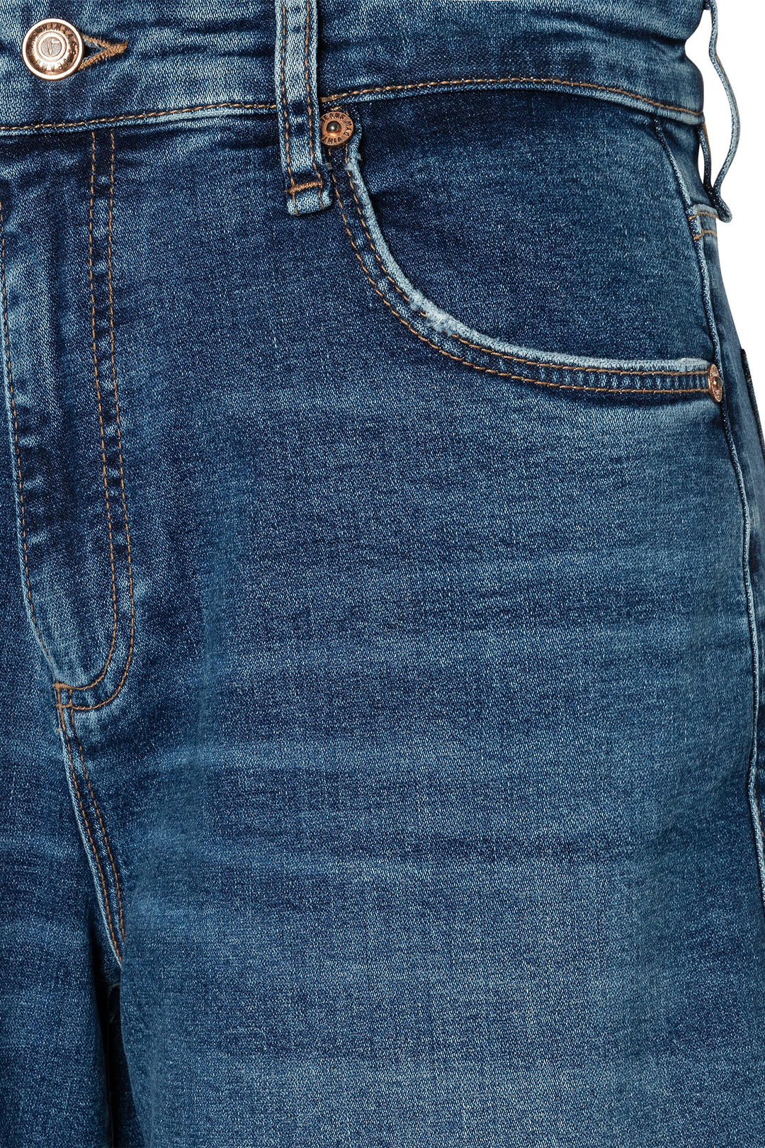 Close-up of blue denim jeans with a focus on texture and stitching.