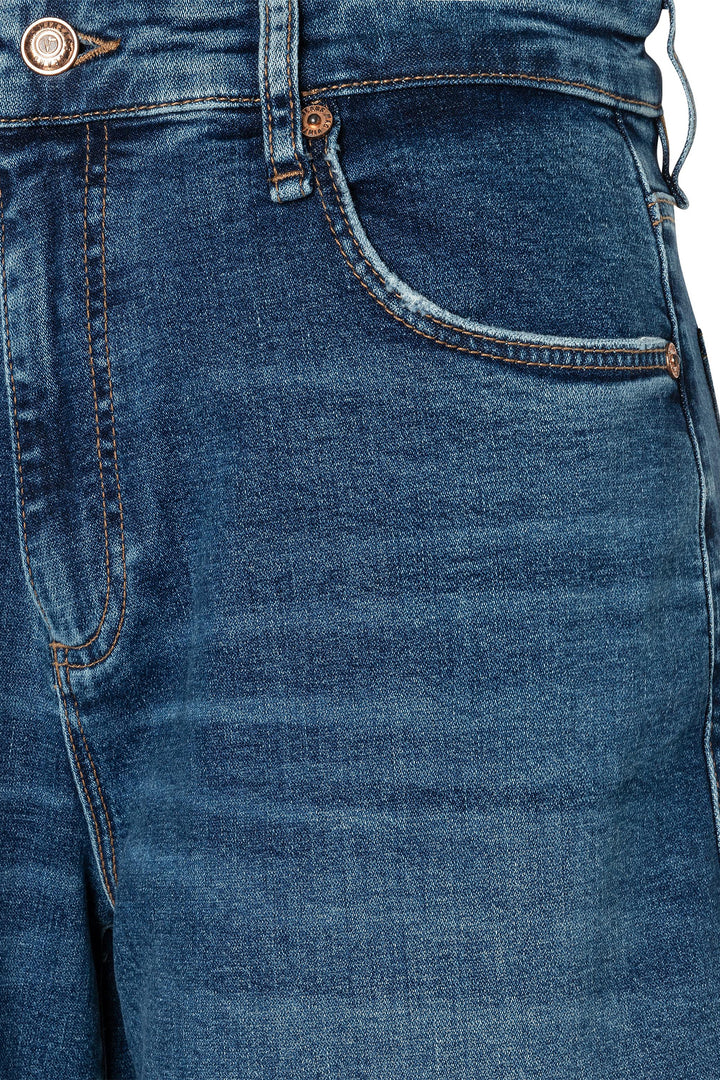 Close-up of blue denim jeans with a focus on texture and stitching.