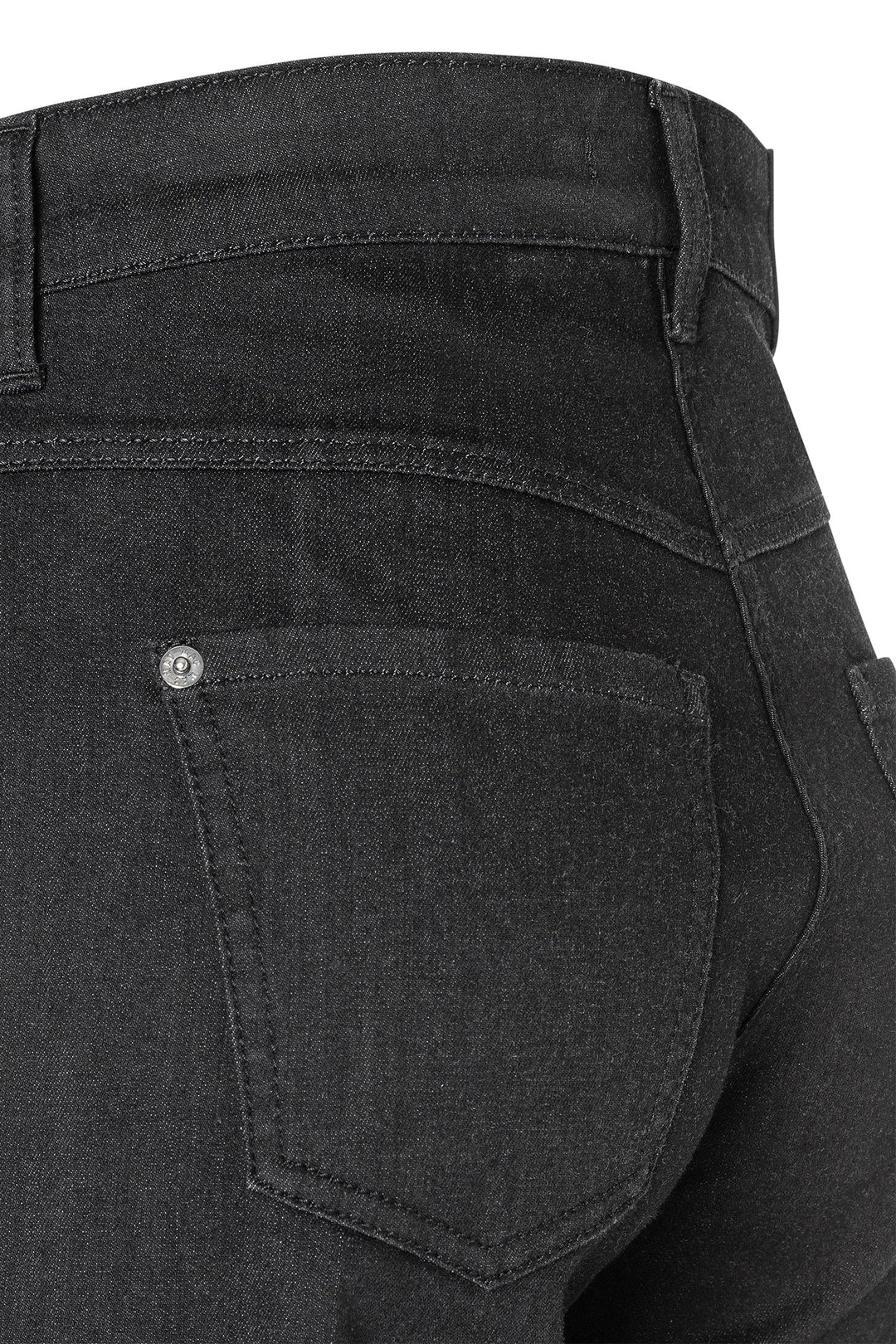 Close-up of black jeans with a focus on the back pocket.
