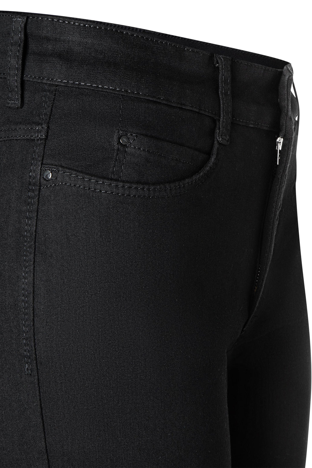 Close-up of black pants with a focus on the waistband and pocket area.