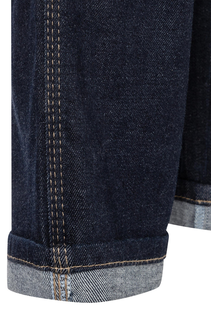 Close-up of a dark blue denim fabric with visible stitching details.