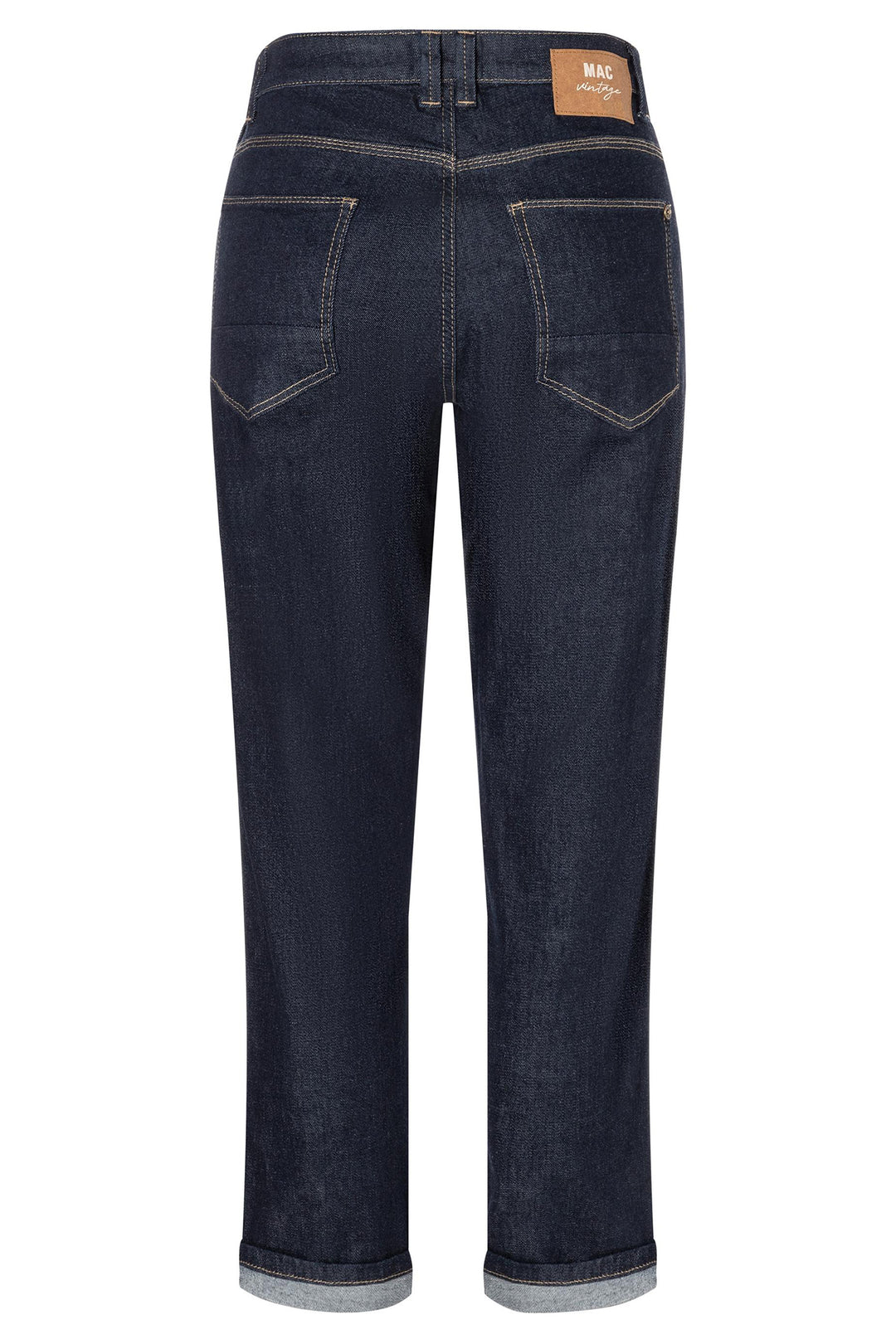 Dark blue jeans with a visible brand label on a white background