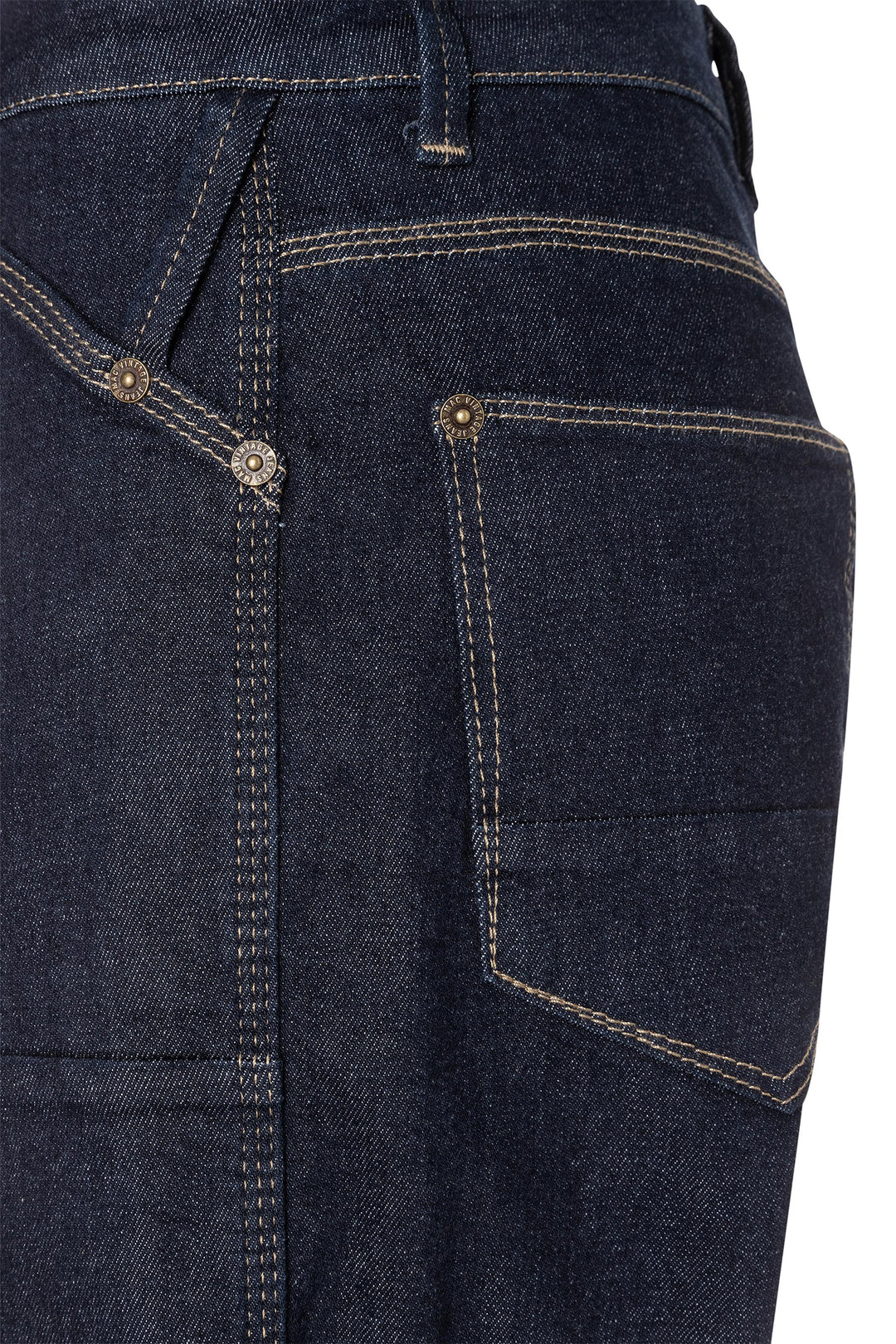 Close-up of dark blue jeans with stitching details on a white background