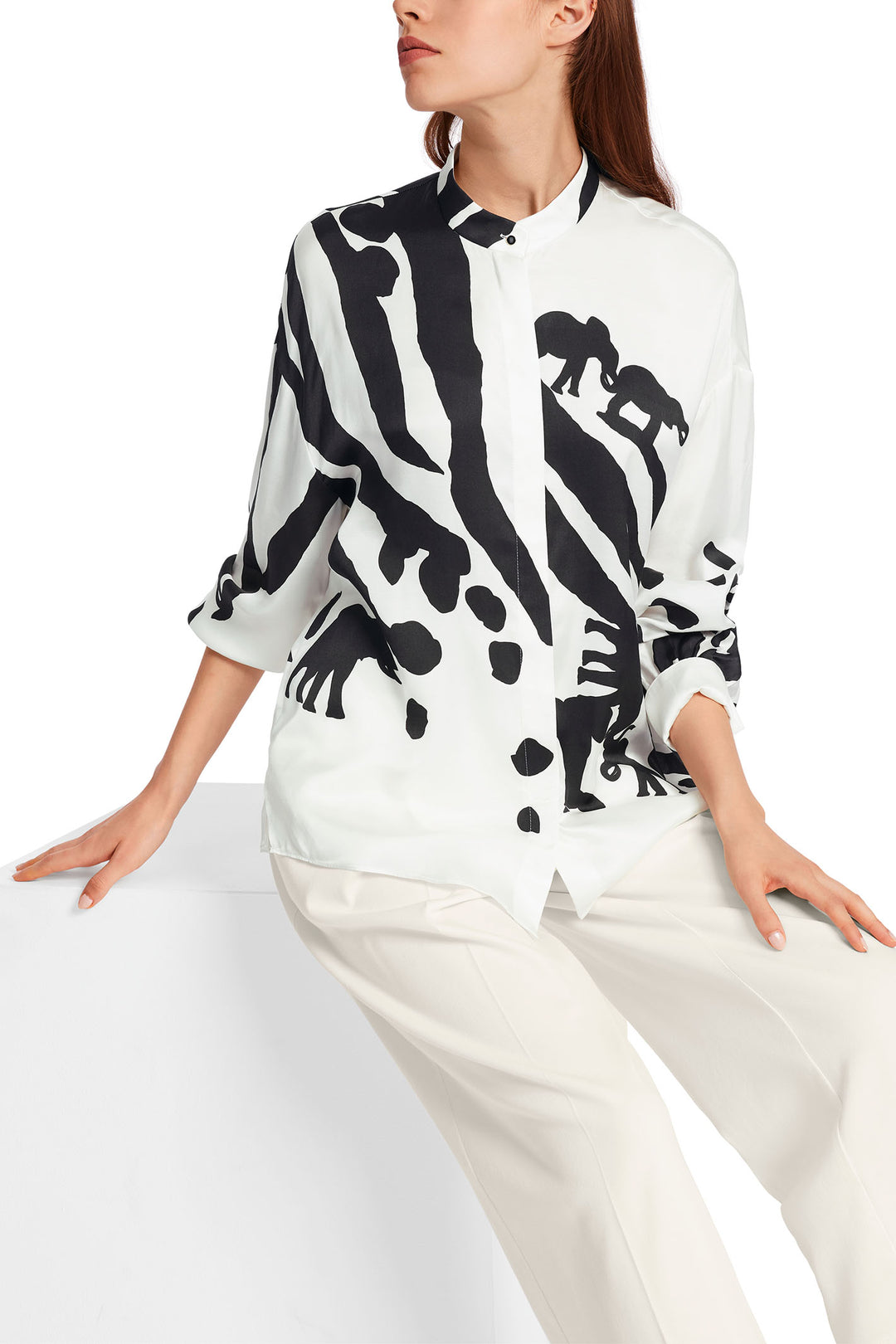 Marc Cain Collection WC 51.01 W14 190 White Black Elephant Print Blouse - Olivia Grace Fashion