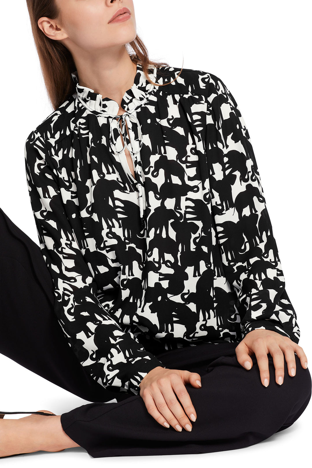 Marc Cain Collection WC 51.16 W13 910 Black White Elephant Print Blouse - Olivia Grace Fashion