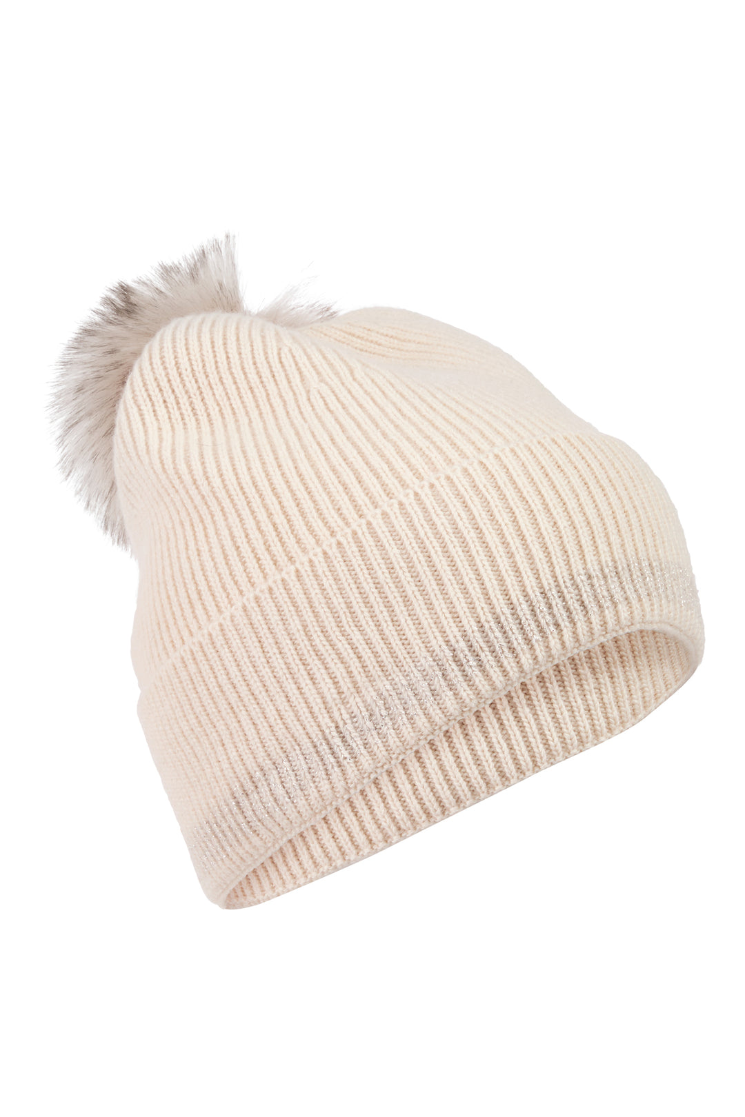 Beige knit beanie with a fluffy pom-pom on a white background