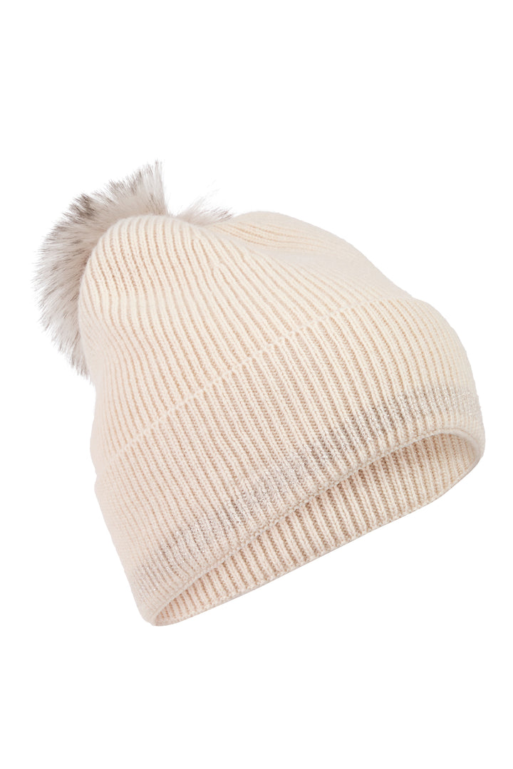 Beige knit beanie with a fluffy pom-pom on a white background