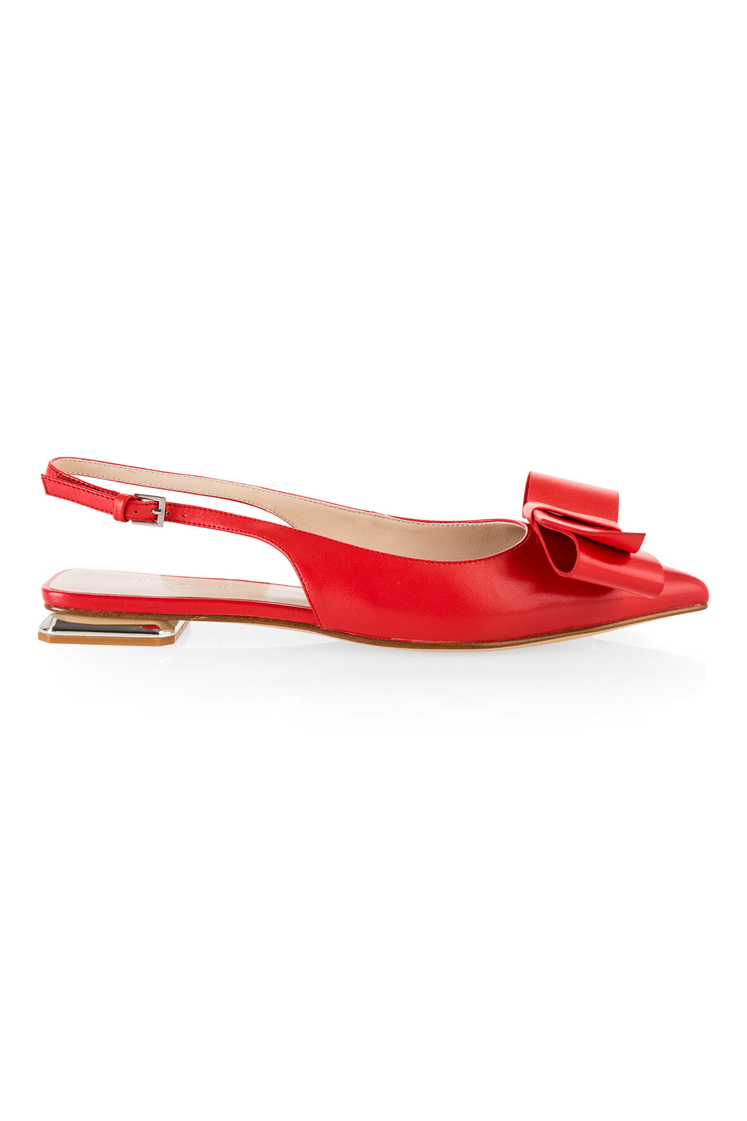 Red slingback shoe with a bow on a white background