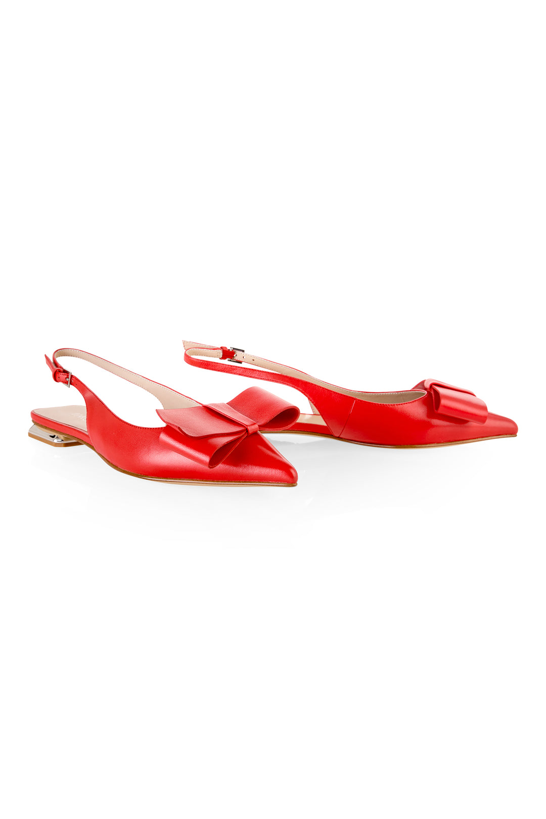Red slingback shoes with bow detail on a white background