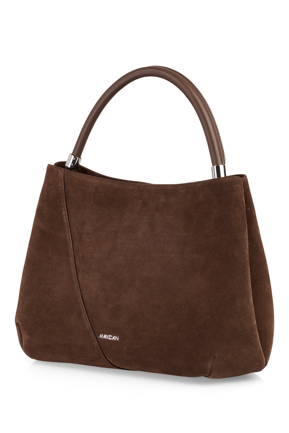 Brown handbag with wooden handle on a white background