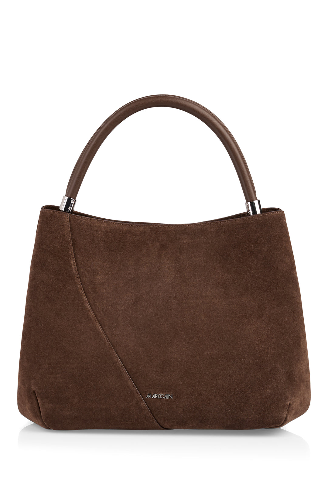 Brown handbag with a visible brand logo on a white background