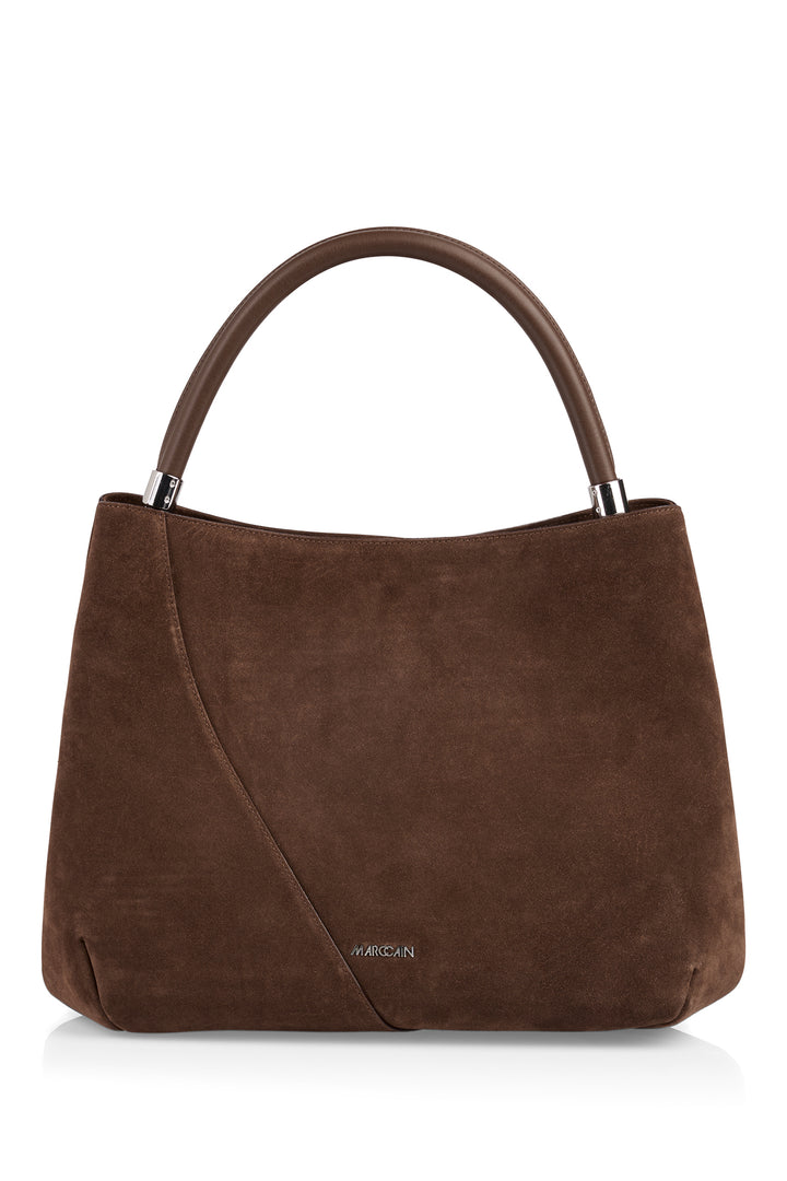 Brown handbag with a visible brand logo on a white background