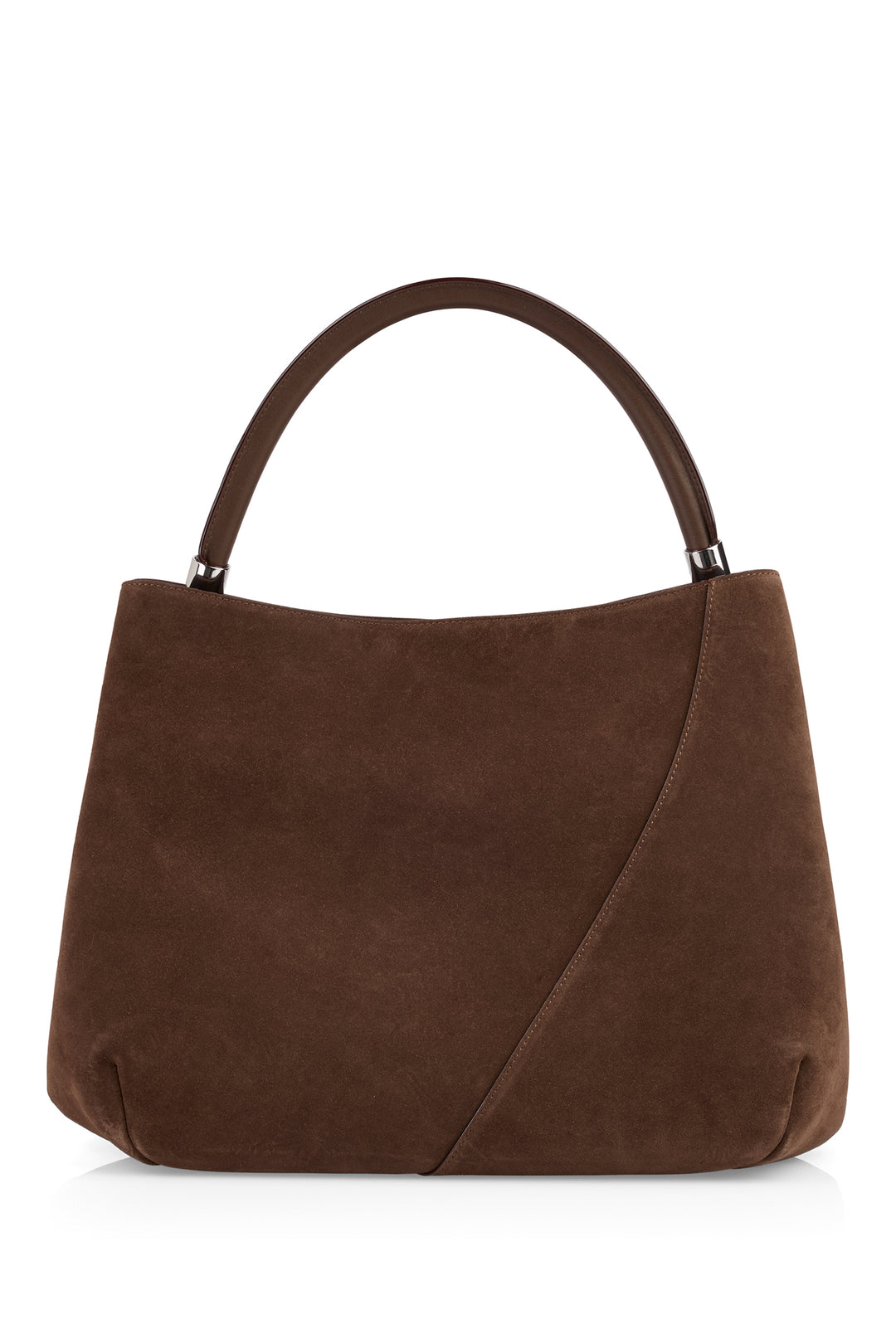 Brown suede handbag on a white background