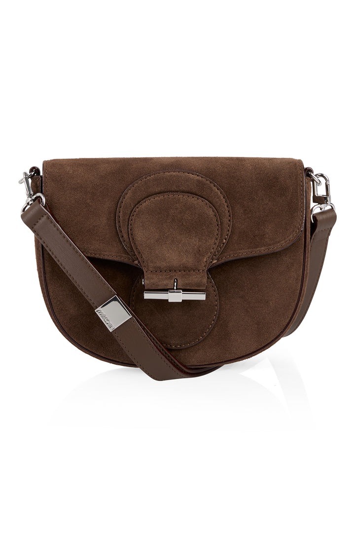 Brown suede handbag with a silver clasp on a white background