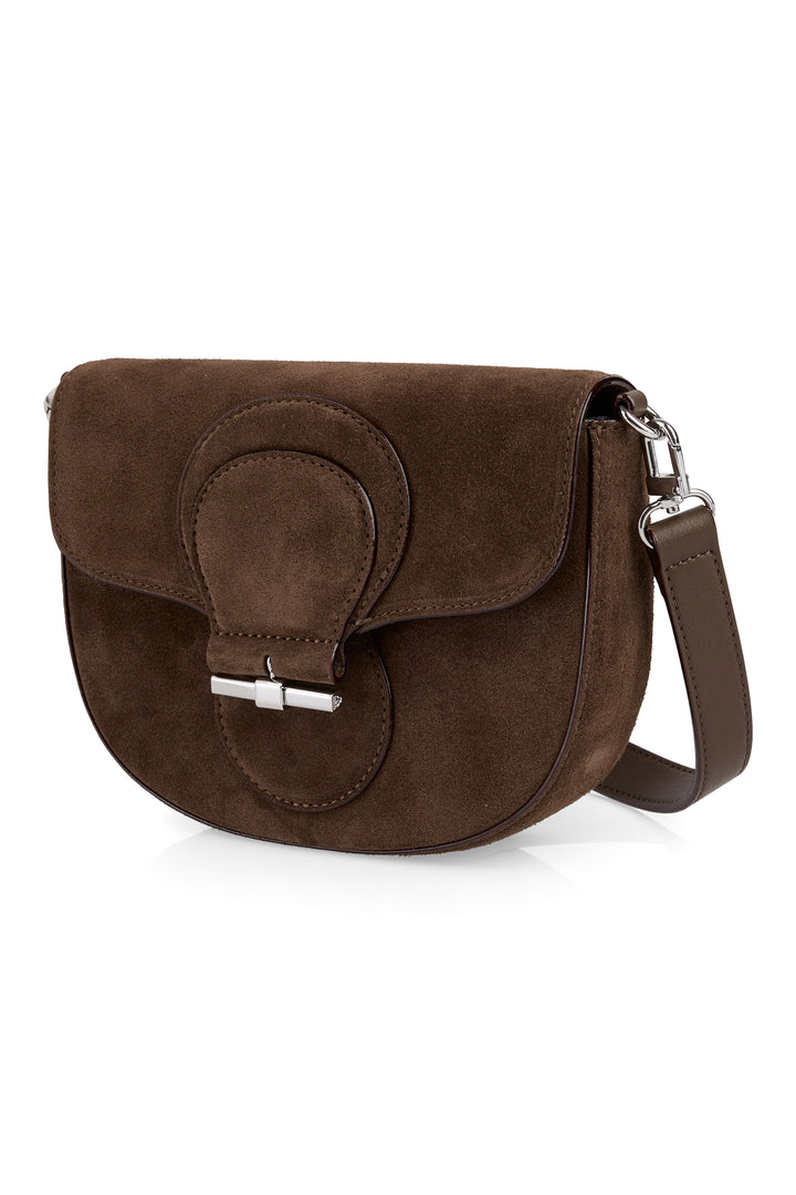Brown suede handbag with a silver buckle on a white background