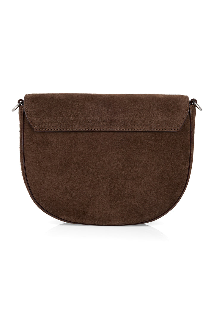 Brown suede handbag on a white background