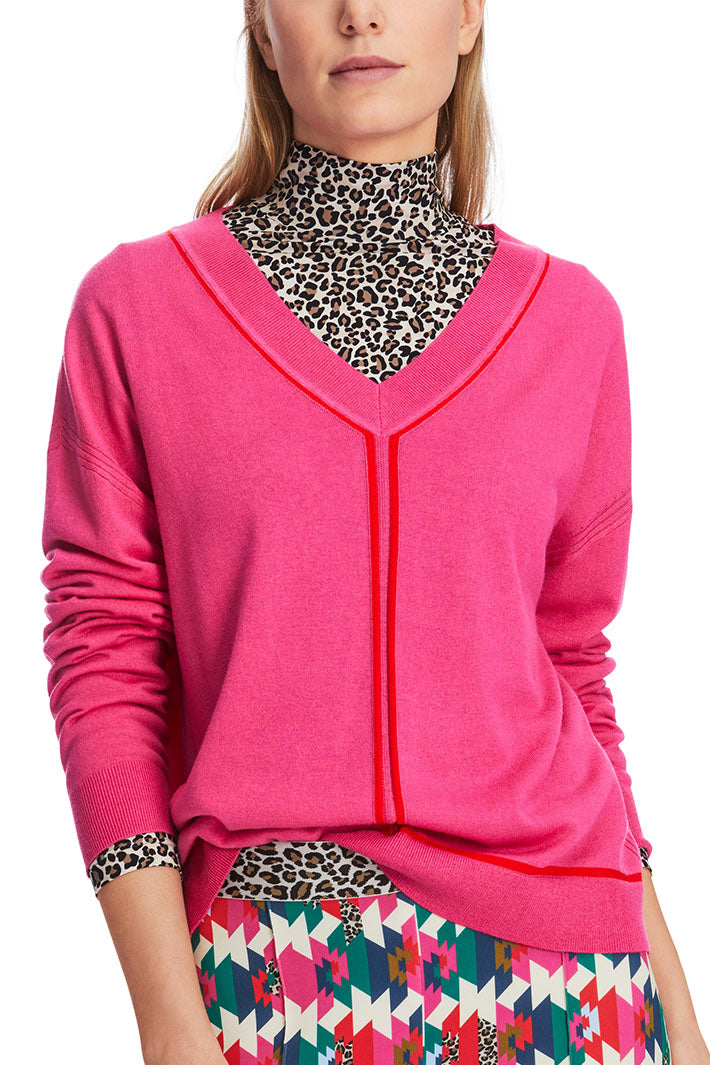 Marc Cain Sports V-Neck Jumper Dragon Fruit Pink XS 41.24 M80 244 - Olivia Grace Fashion