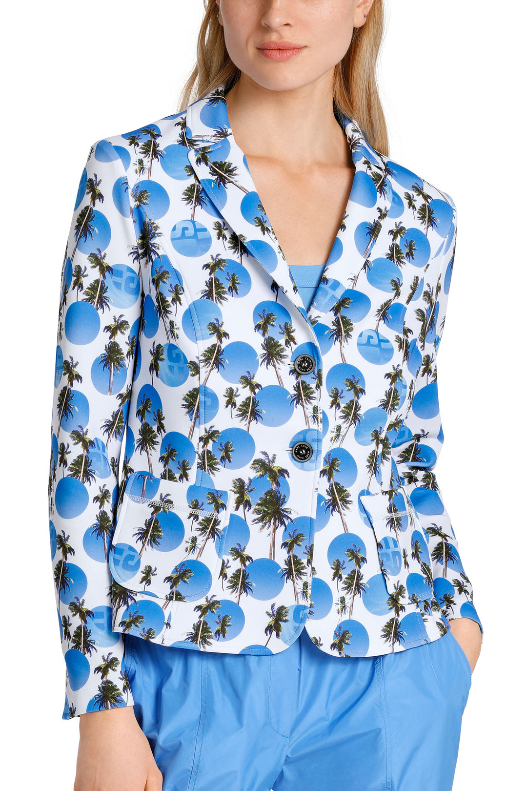Marc Cain Sports WS 34.08 J77 363 Bright Azure Blue Palm Print Jacket - Olivia Grace Fashion