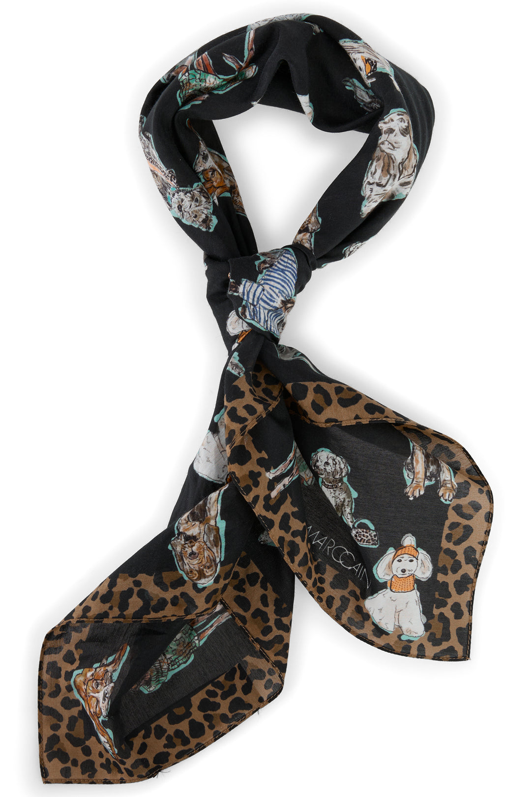 Scarf with animal print and cartoon character design on a white background