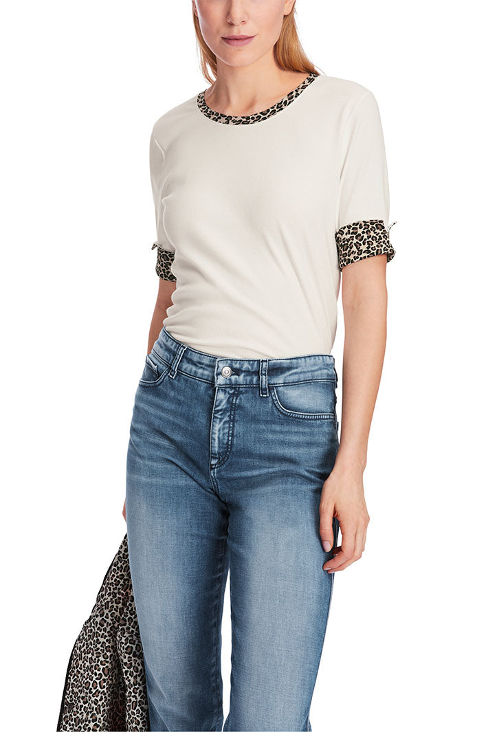 Marc Cain T-Shirt Off White Animal Print Accent 34 Sleeves XS 48.13 J55 - Olivia Grace Fashion