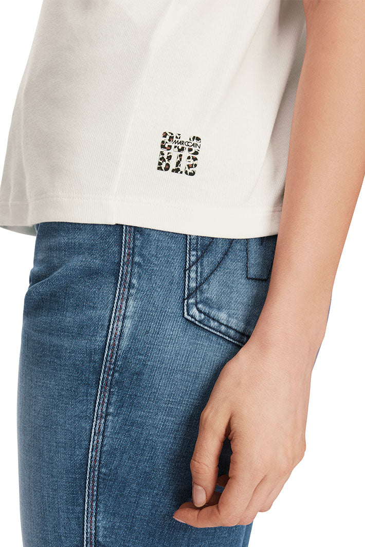 Marc Cain T-Shirt Off White Animal Print Accent 34 Sleeves XS 48.13 J55 - Olivia Grace Fashion