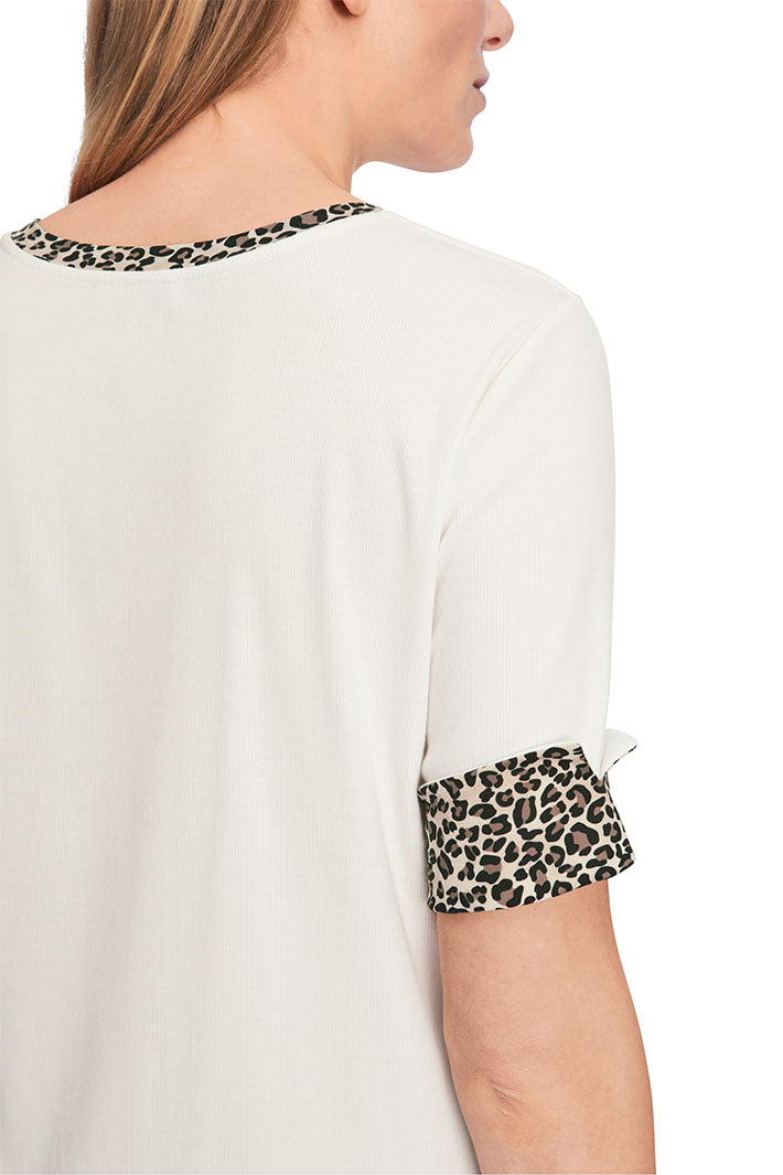Marc Cain T-Shirt Off White Animal Print Accent 34 Sleeves XS 48.13 J55 - Olivia Grace Fashion