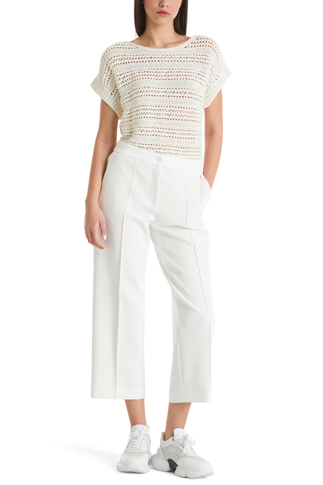 Marc Cain WC 81.30 J23 White Wide Leg Cropped Trousers - Olivia Grace Fashion