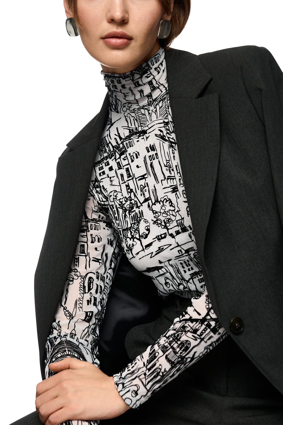 Marc Cain ZC 48.12 J41 Black White Long Sleeved Polo Neck Top