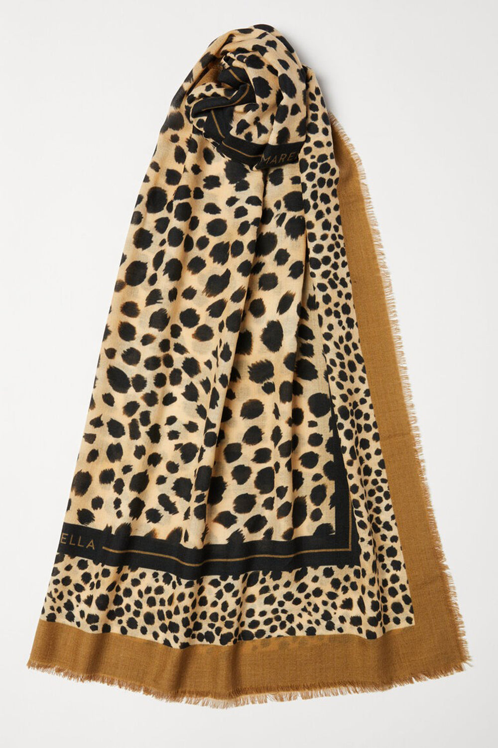 Leopard print scarf with brown border on a white background