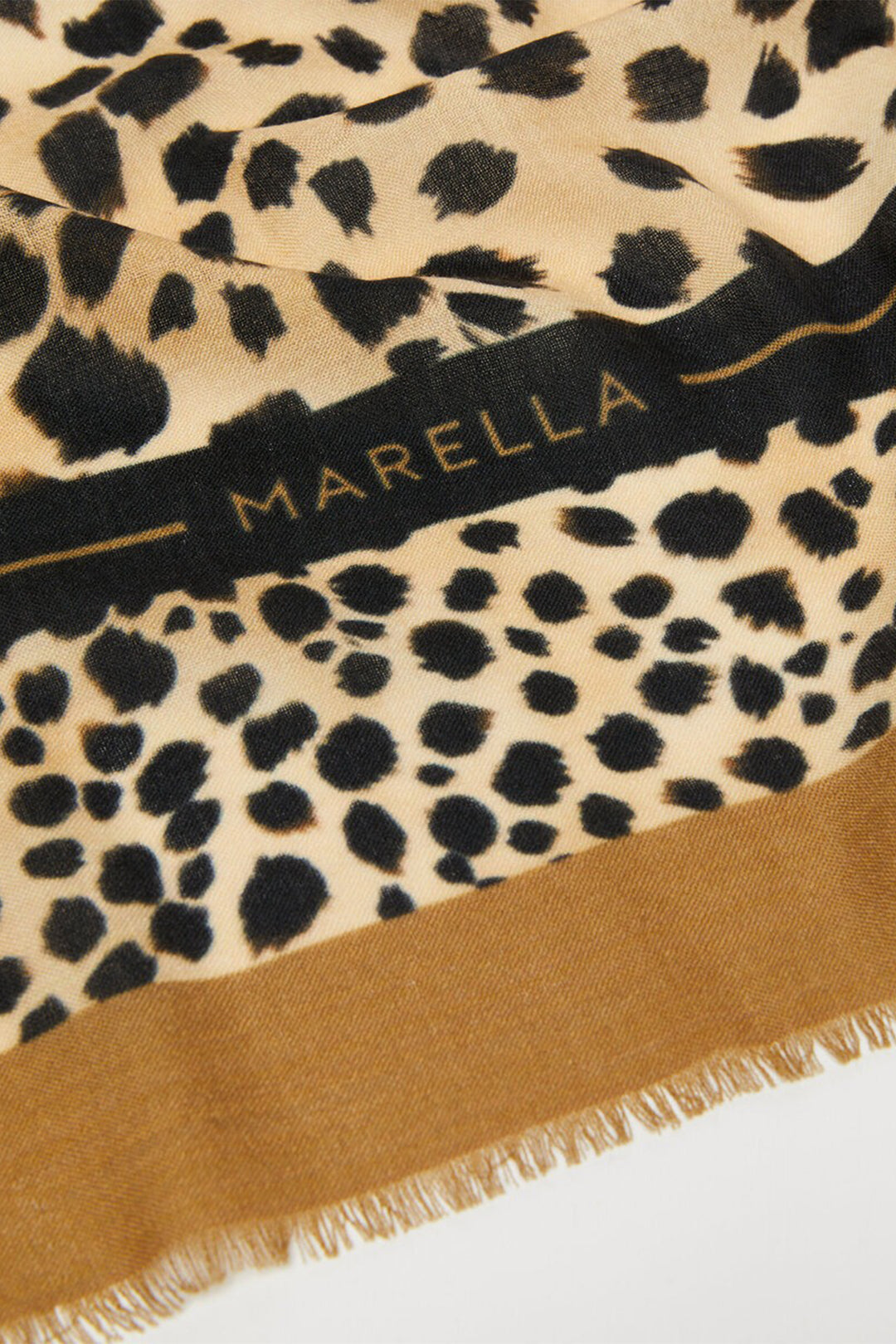 Leopard print scarf with 'Marella' branding on a white background