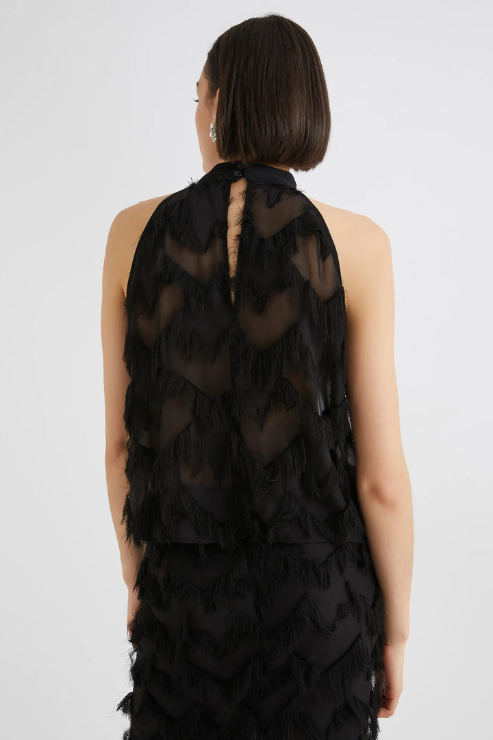 Black ruffled dress on a white background