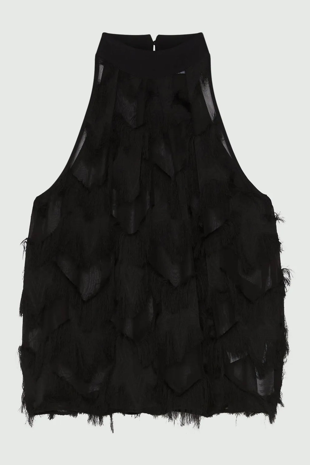 Black sleeveless top with layered design on a white background