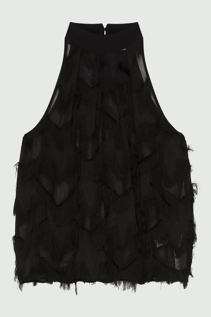 Black sleeveless top with layered design on a white background