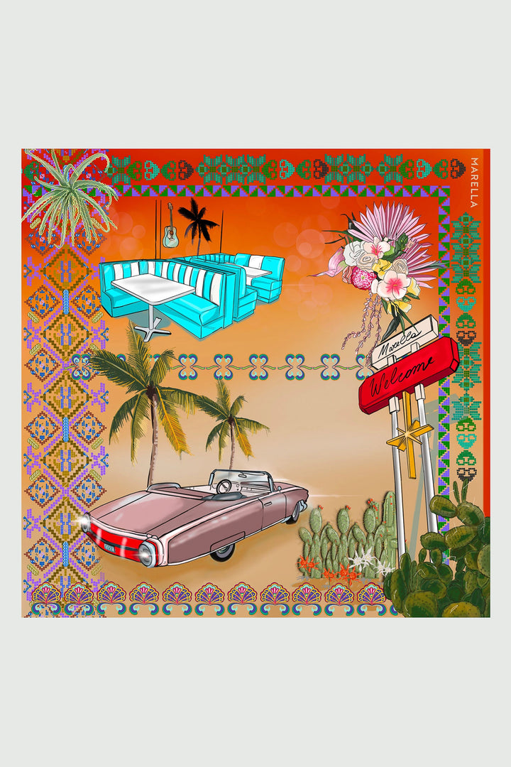 Marella Marea 2413541076200 Orange Print Silk Square Scarf - Olivia Grace Fashion